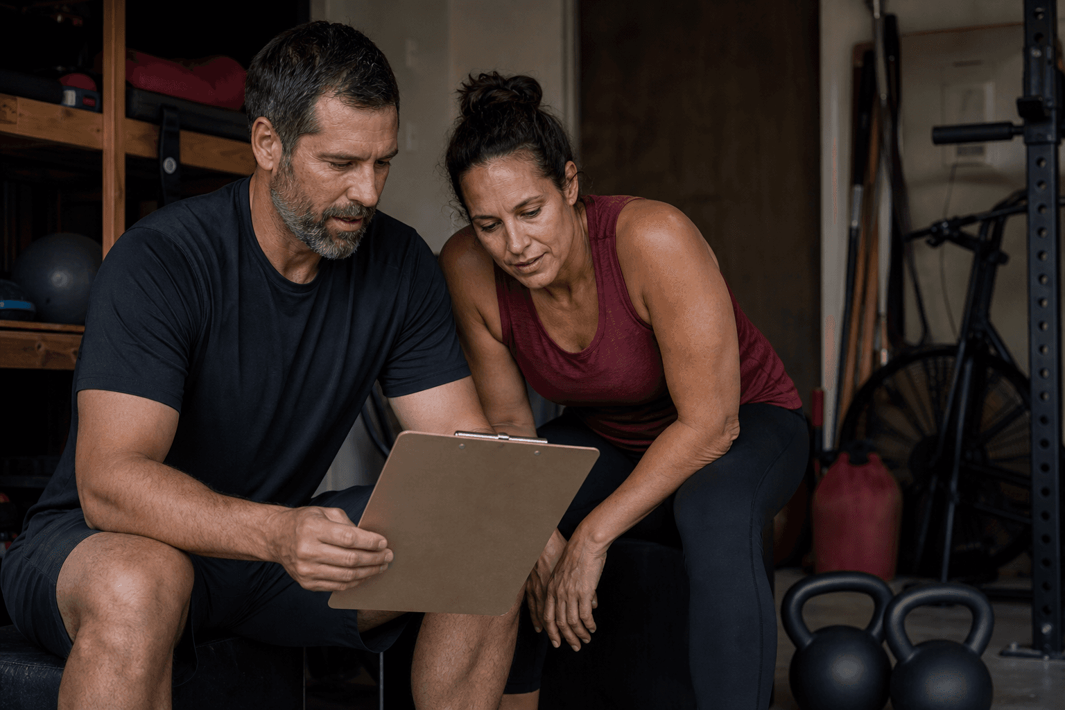 Adults reviewing a blank clipboard beside kettlebells in a garage training space