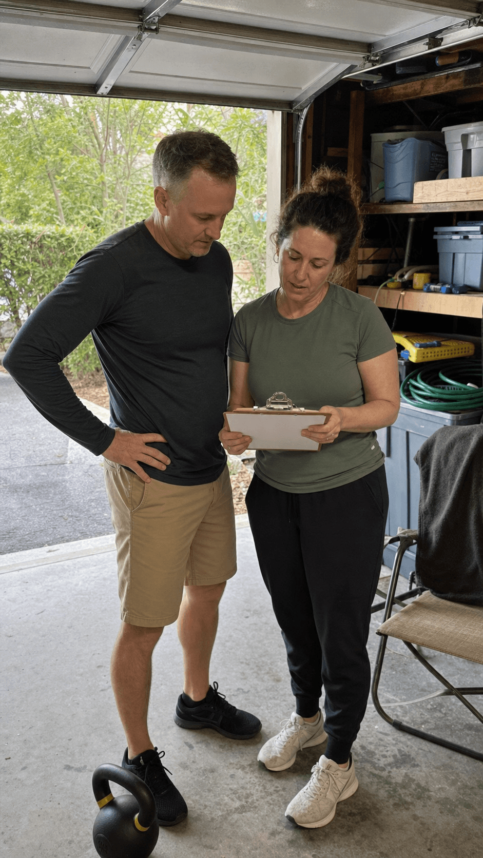 Adults reviewing a blank clipboard beside kettlebells in a lived-in garage