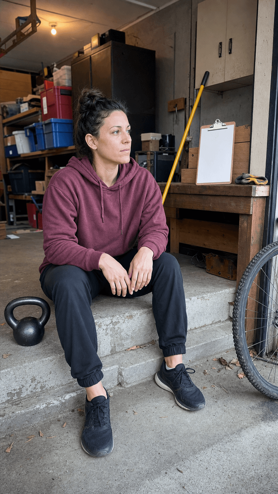Adult reviewing a blank clipboard beside a kettlebell on a lived-in garage step