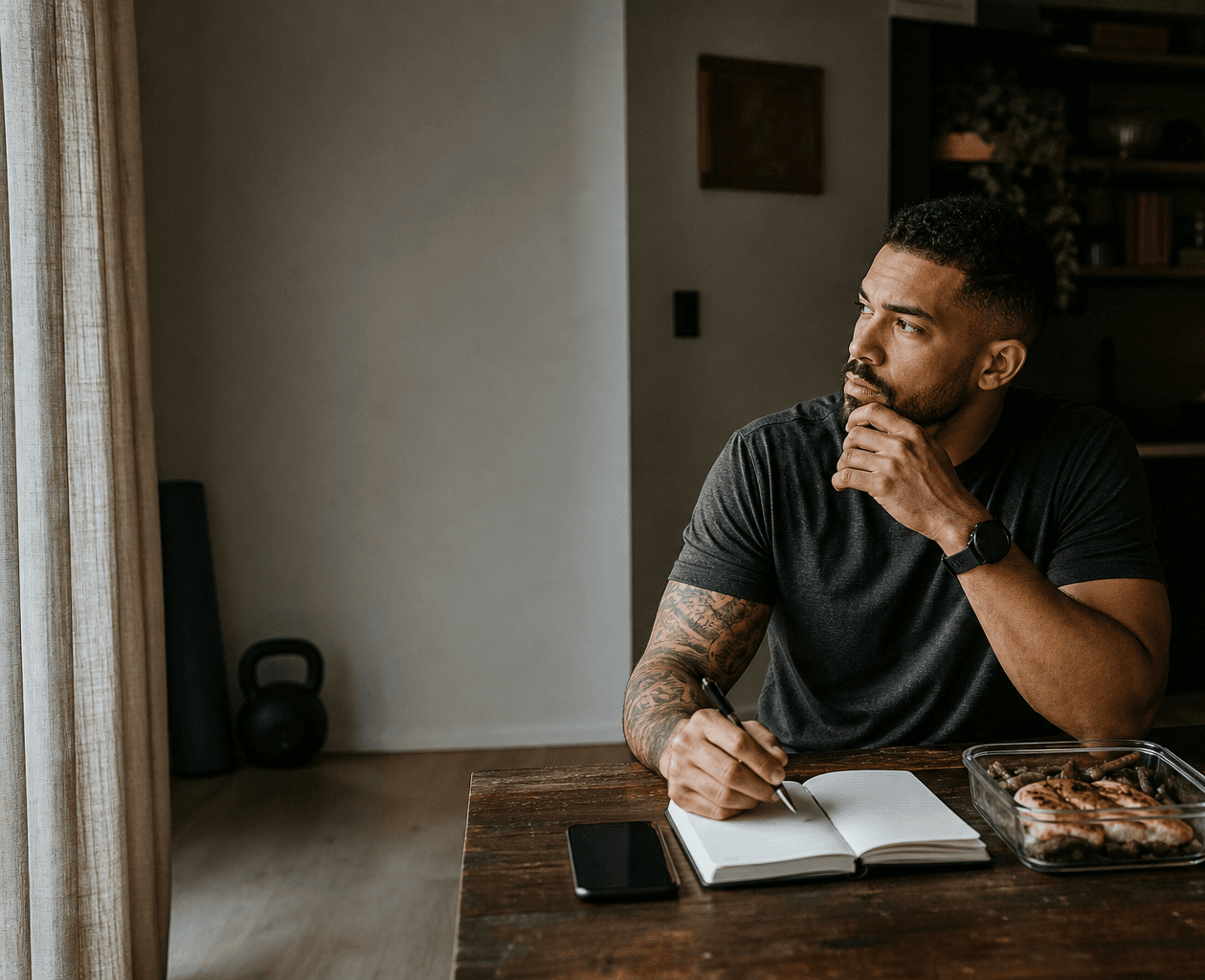 Adult reviewing a blank notebook beside simple meal prep and home training gear