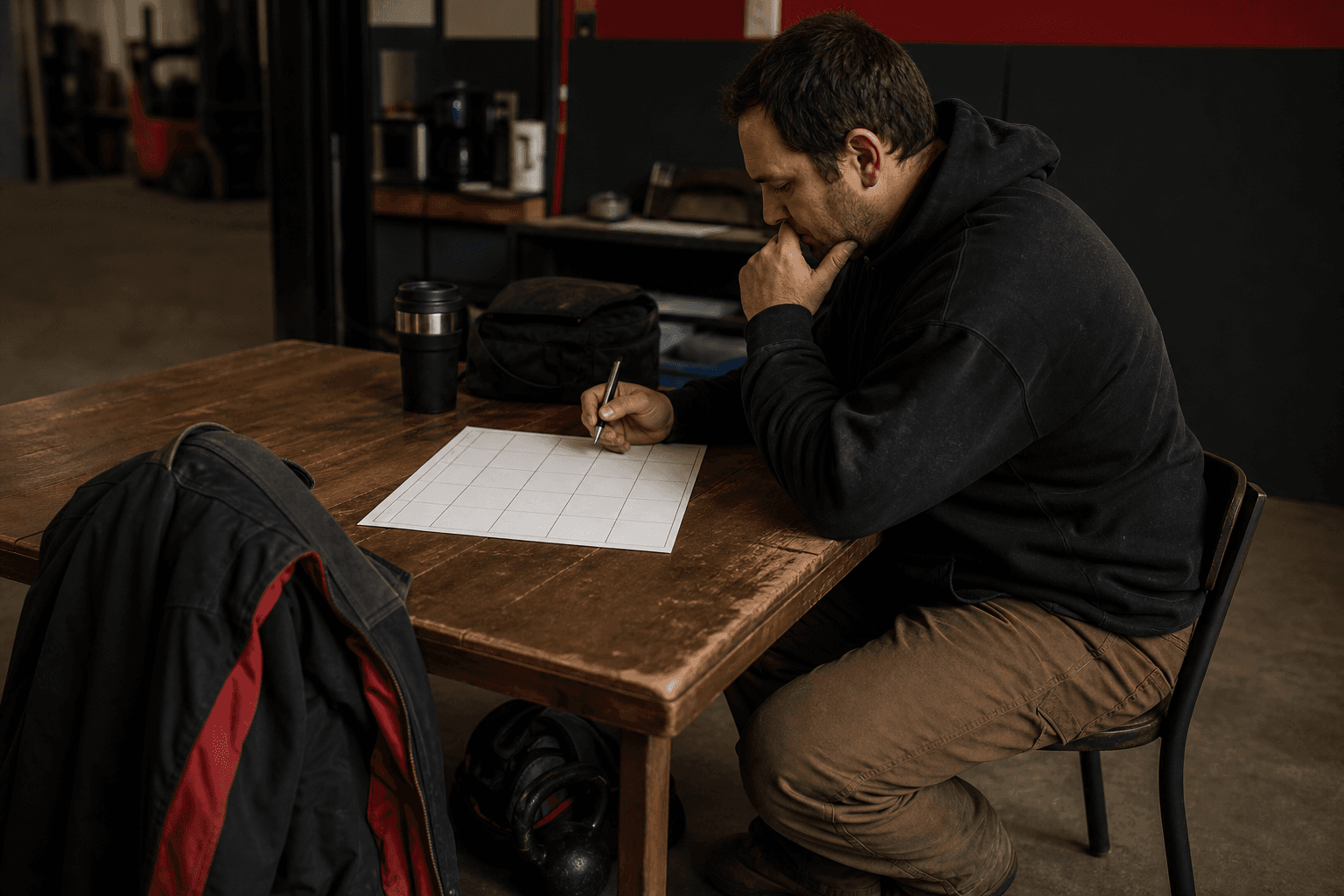 Worker reviewing a blank weekly plan beside training gear