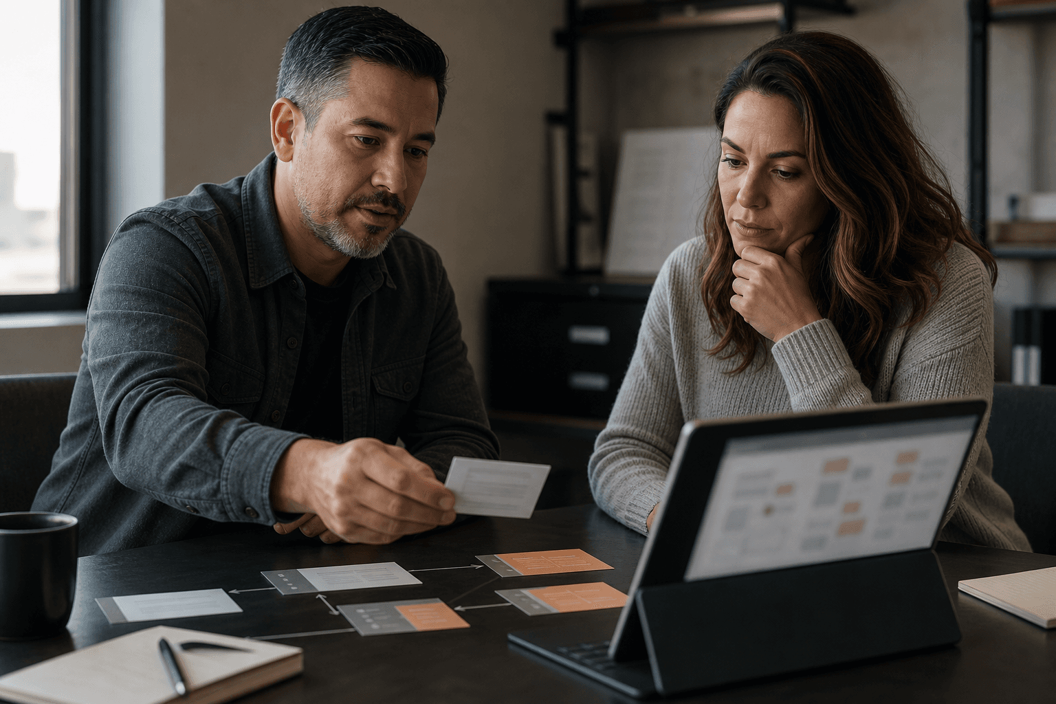 Small business owners reviewing workflow cards in a back office