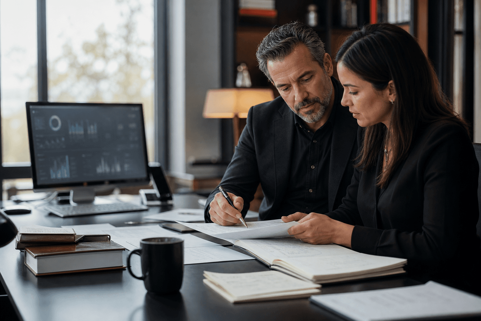 Business owner and manager reviewing executive follow-up notes