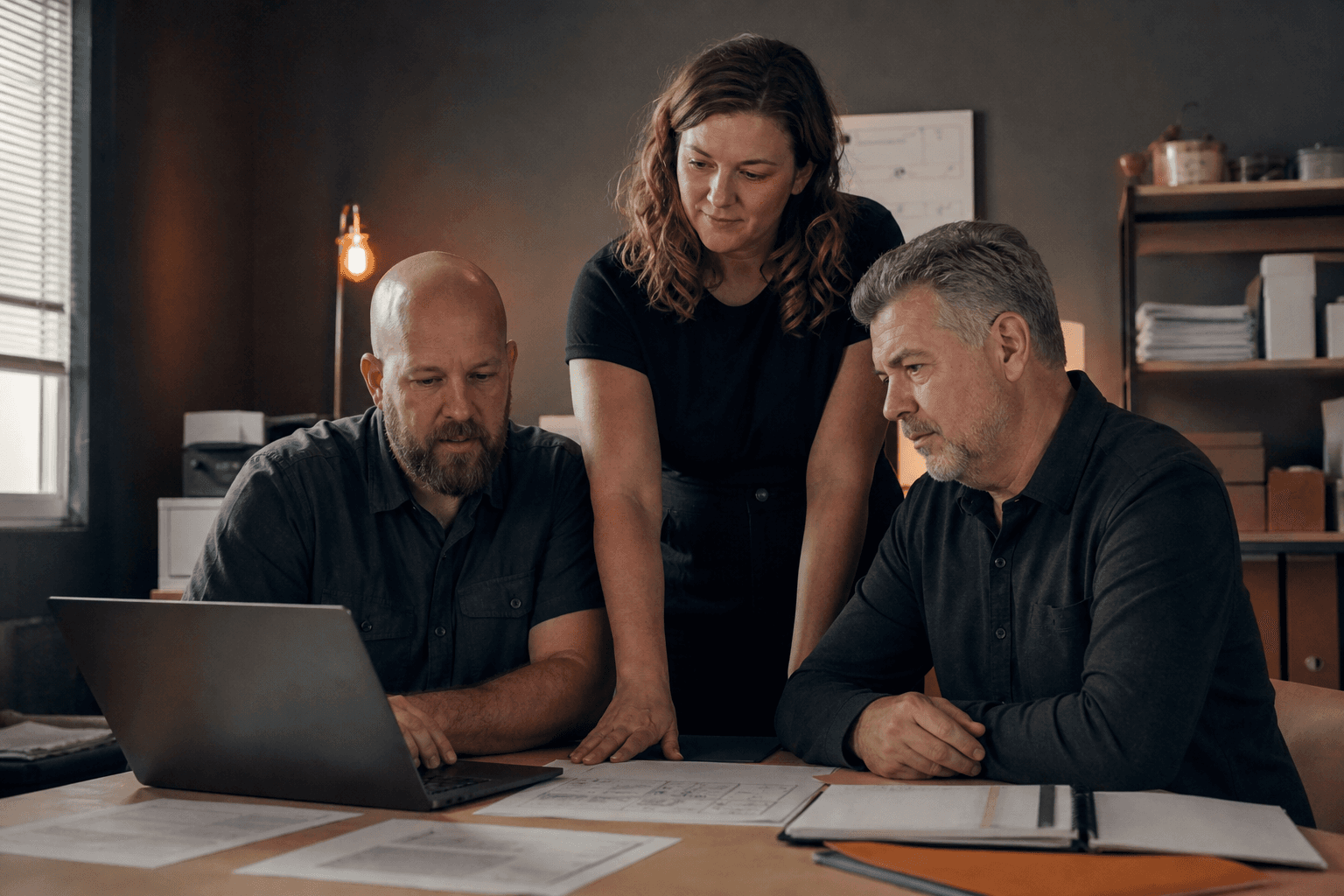 Service business team reviewing workflow handoffs in a back office