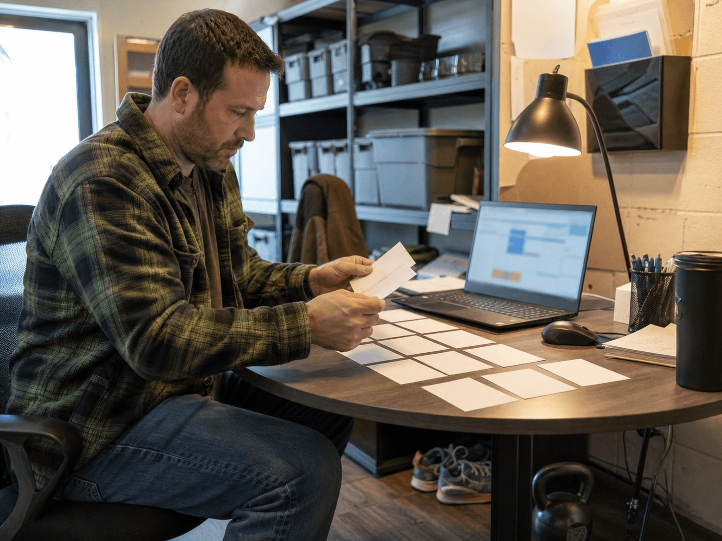 Business owner reviewing blank workflow cards in a practical service office