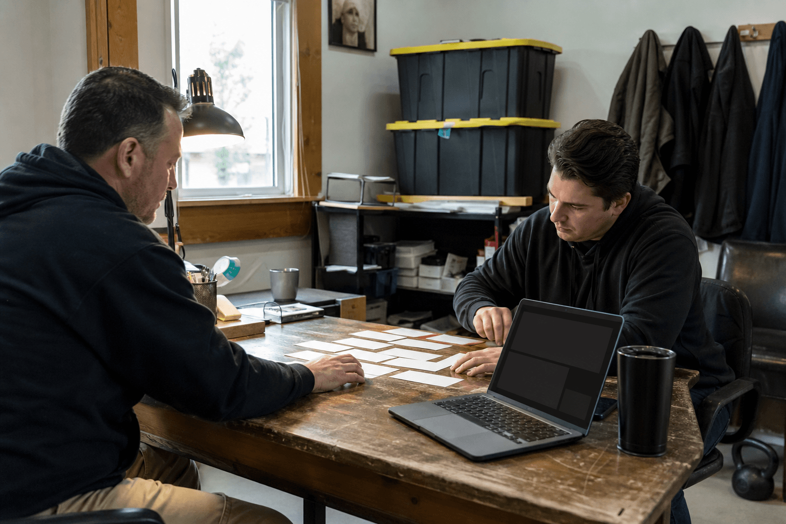 Service business operators reviewing blank workflow cards beside an abstract screen in a practical office