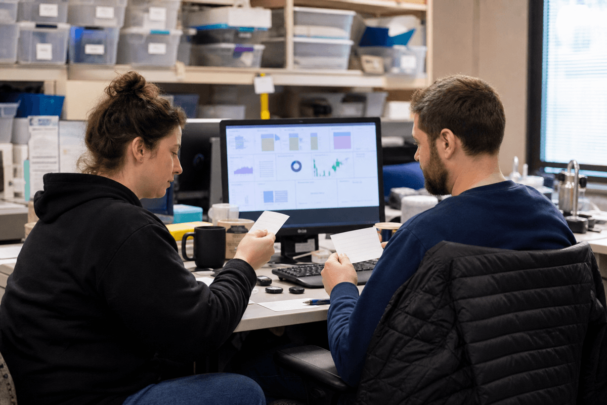 Service business operators reviewing blank workflow cards beside an abstract dashboard