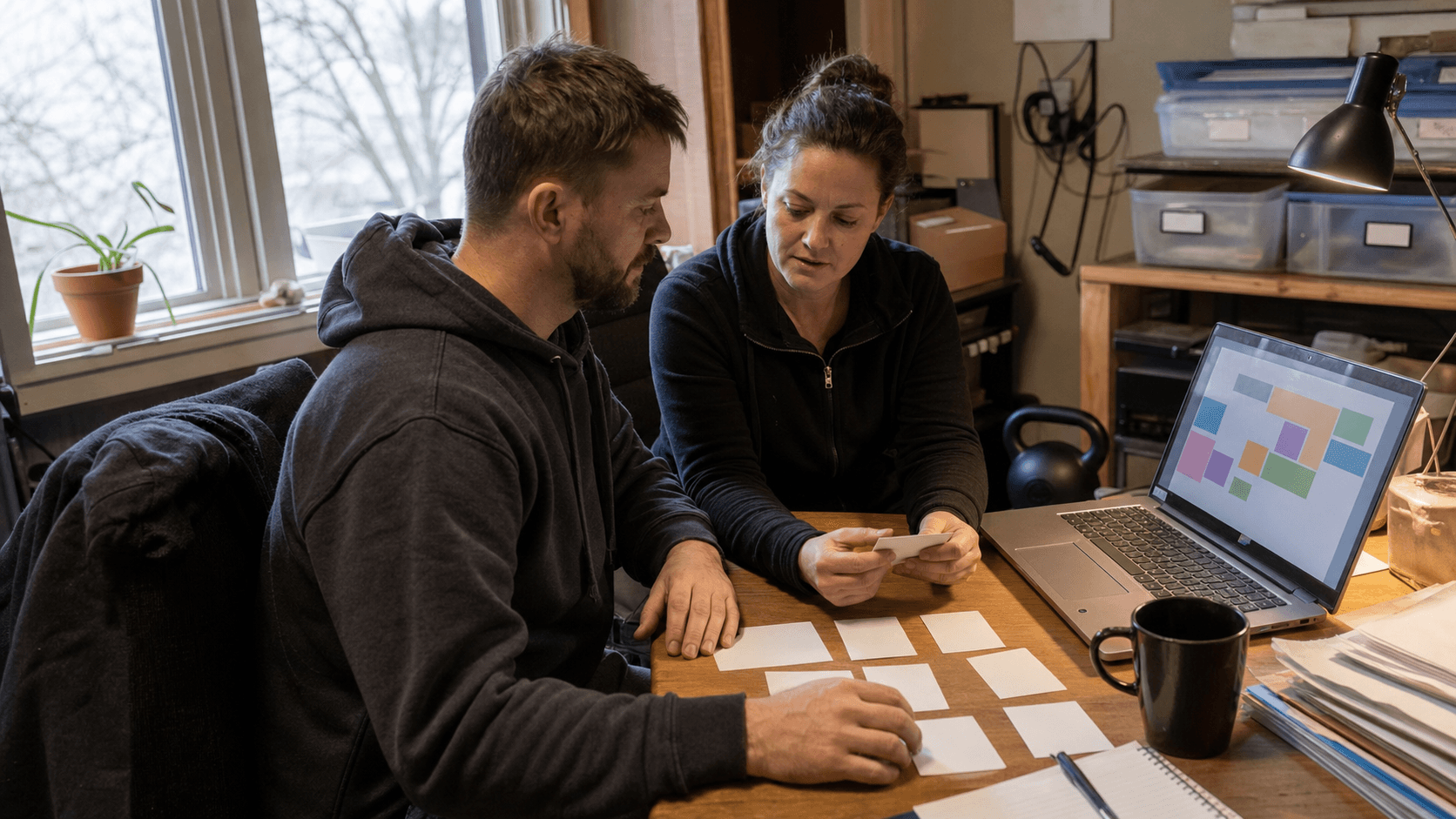 Small business owners reviewing workflow cards in a back office