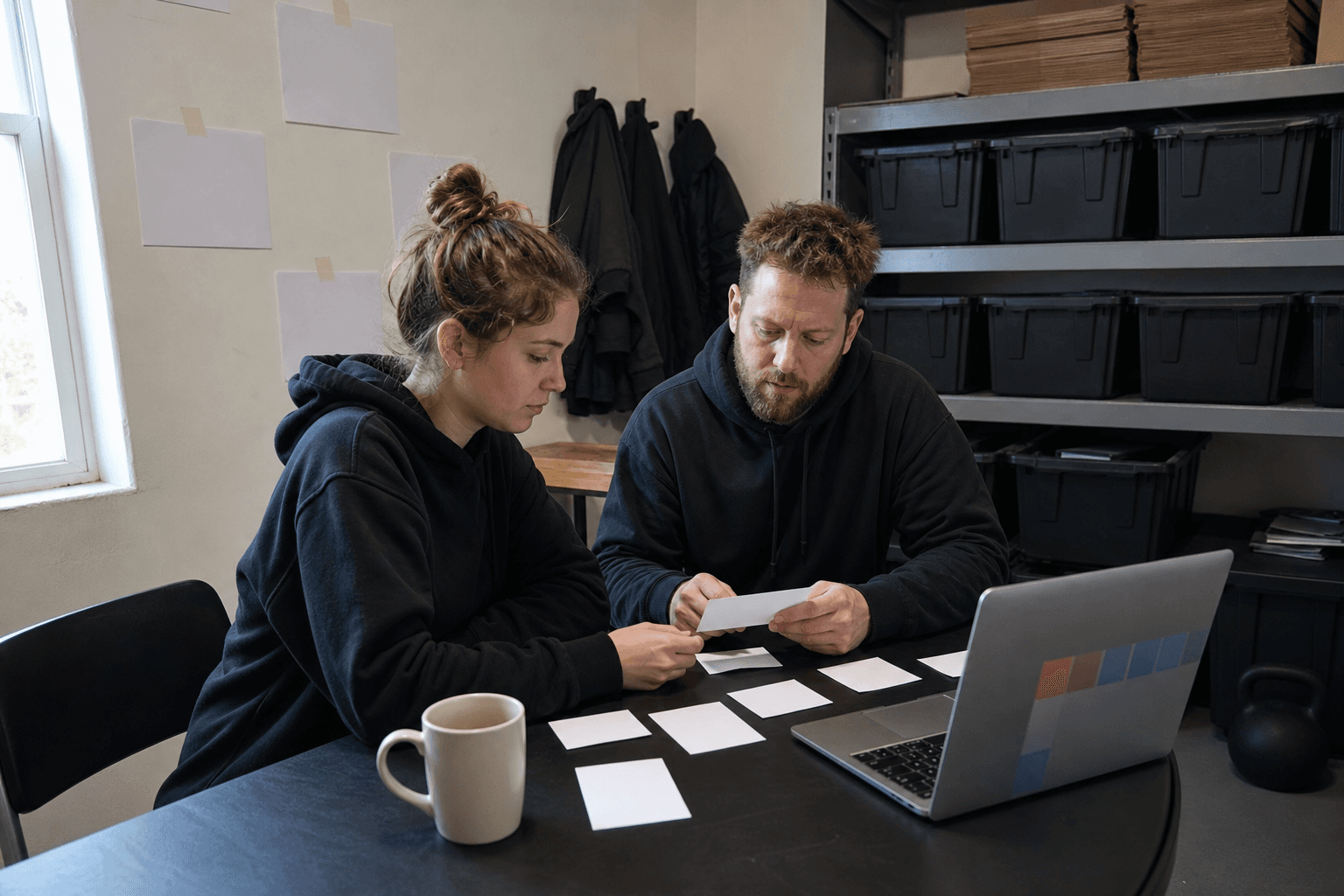 Small business operators reviewing blank workflow cards in a practical storage-room office