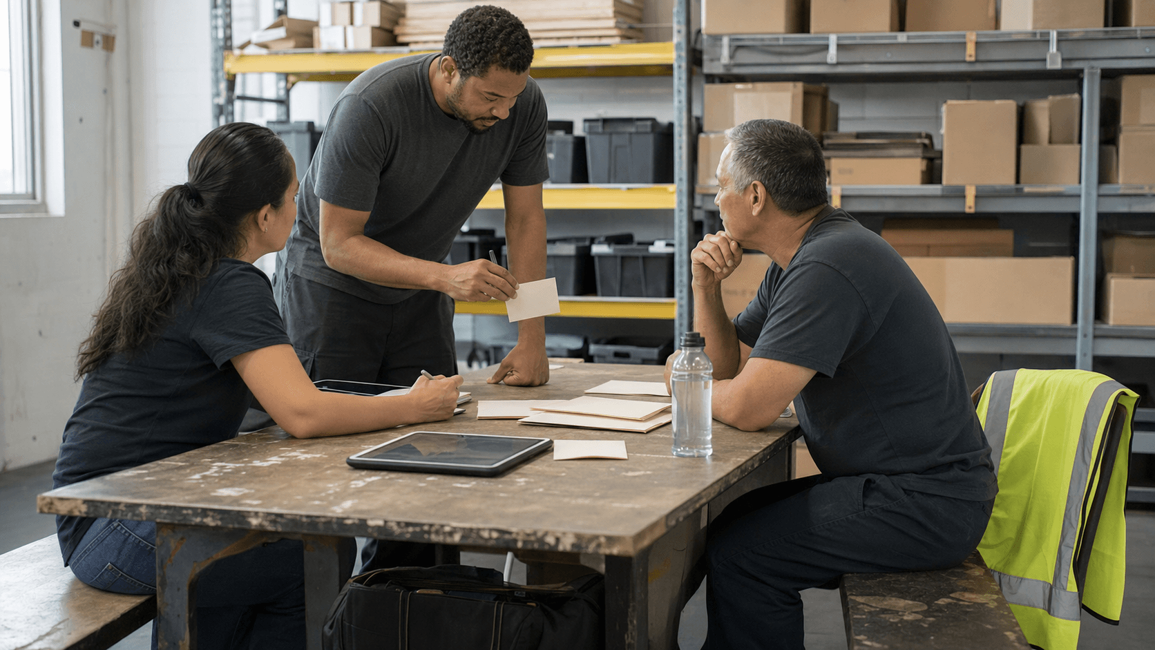 Warehouse operators reviewing blank workflow cards at a practical break table