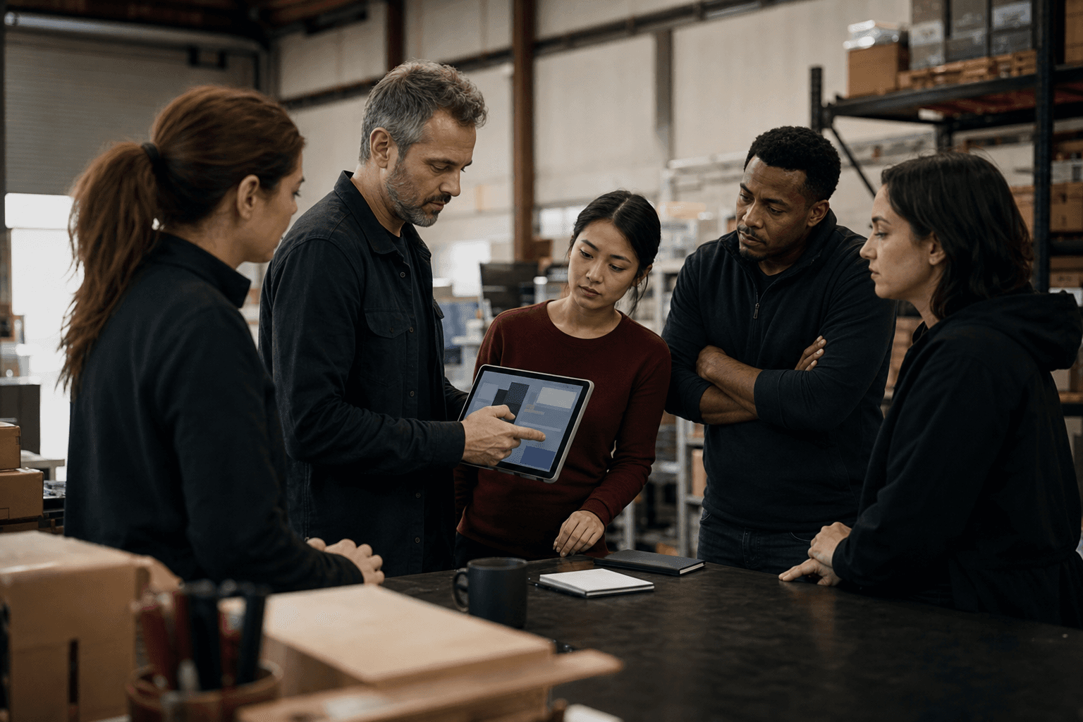 Warehouse operations team reviewing workflow routing