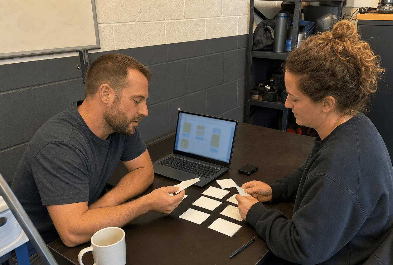 Small business operators reviewing blank workflow cards beside an abstract dashboard in a workshop office
