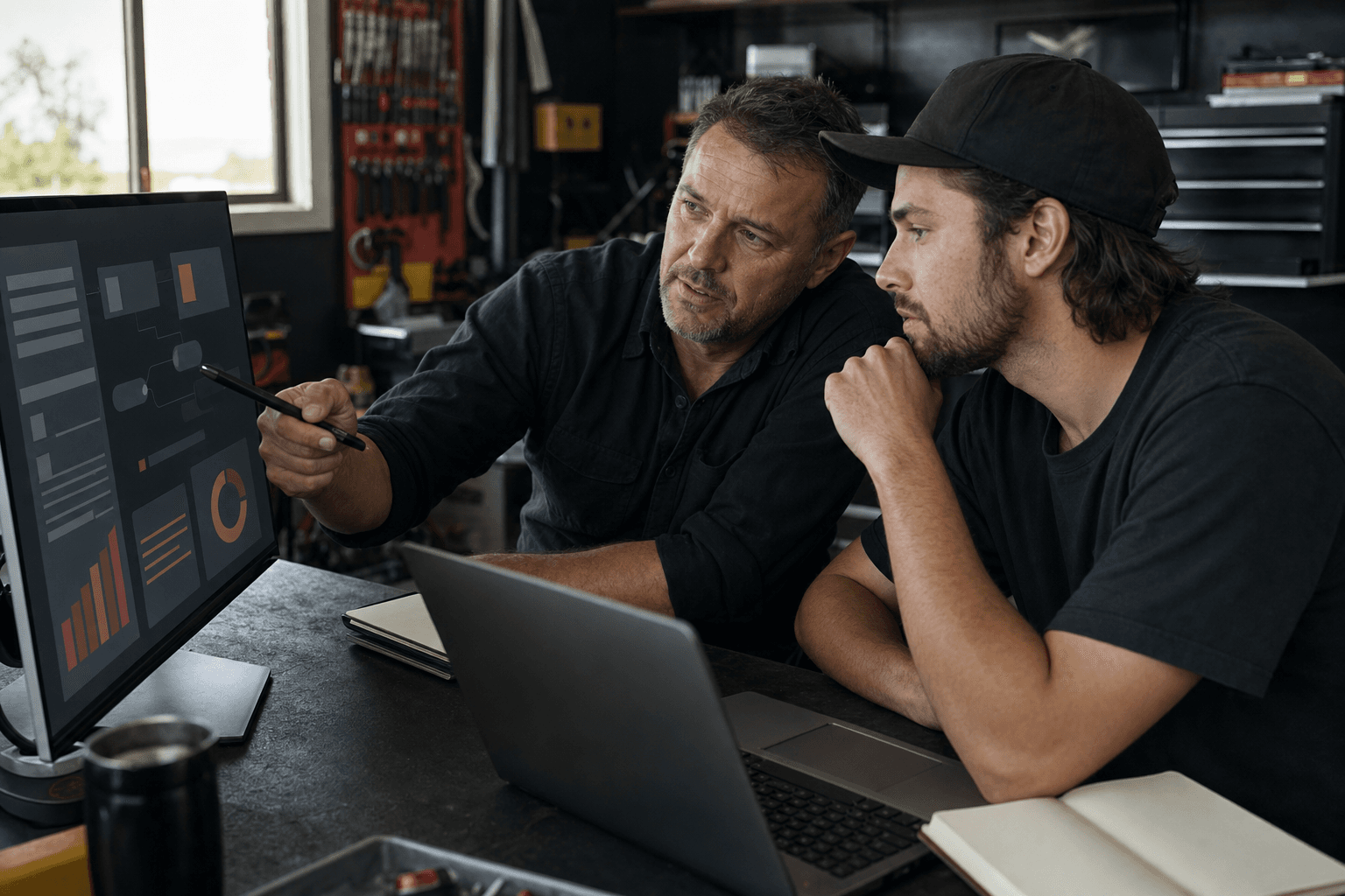 Workshop business operators reviewing an abstract workflow dashboard