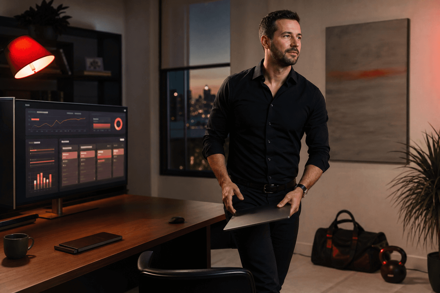 Business owner reviewing workflow notes at a desk