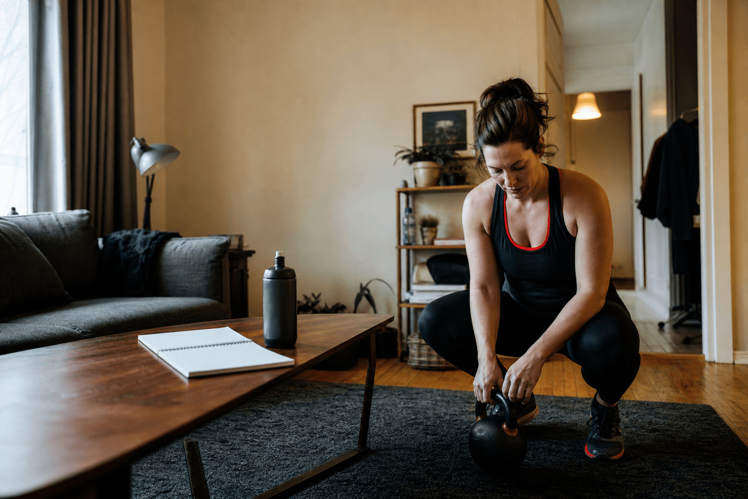 Adult setting up a kettlebell session beside a blank notebook in an apartment living room