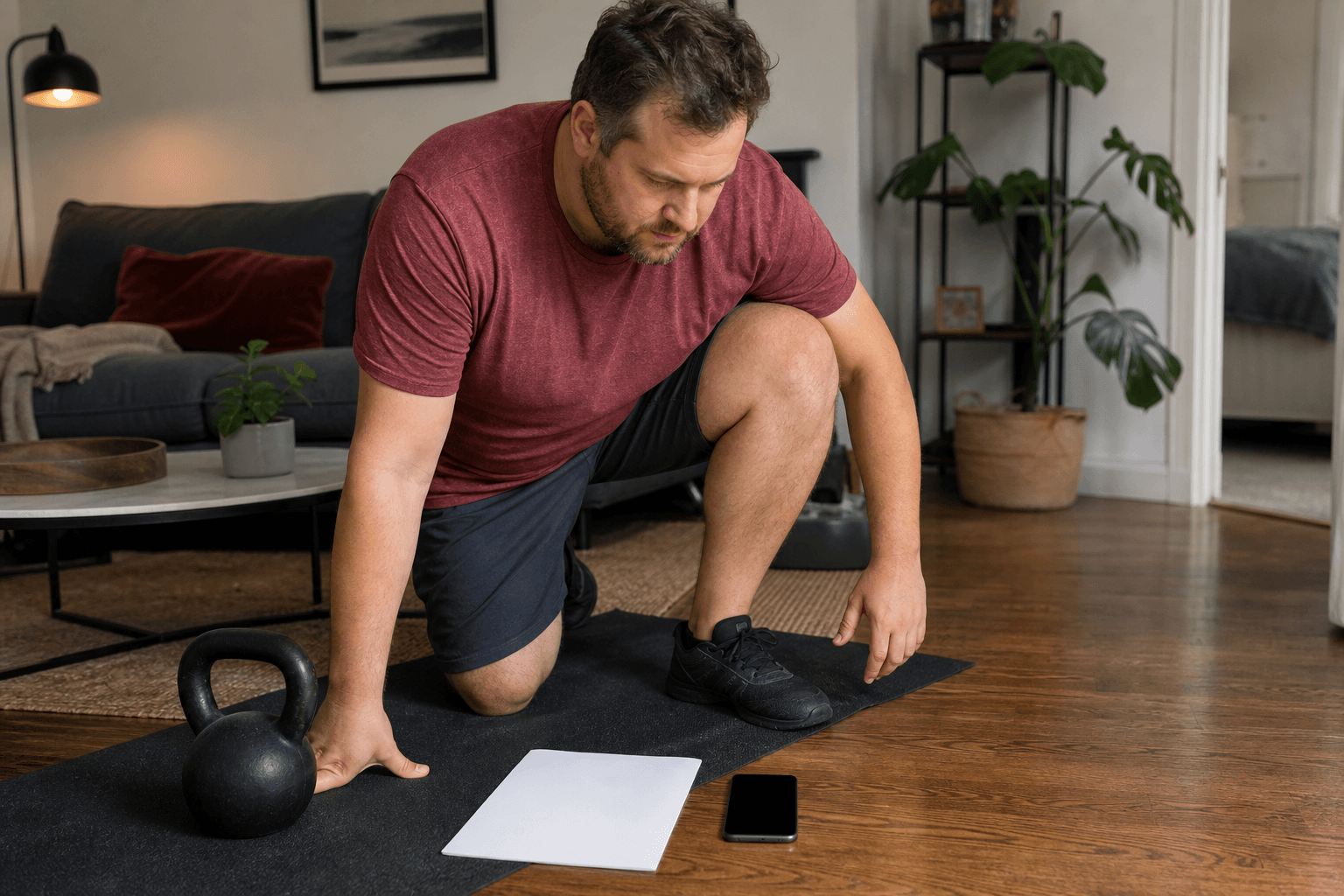 Adult setting up a kettlebell session beside blank check-in paper and a blank phone screen