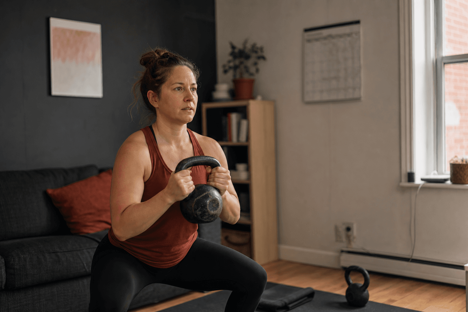Adult training with a kettlebell in an apartment living room