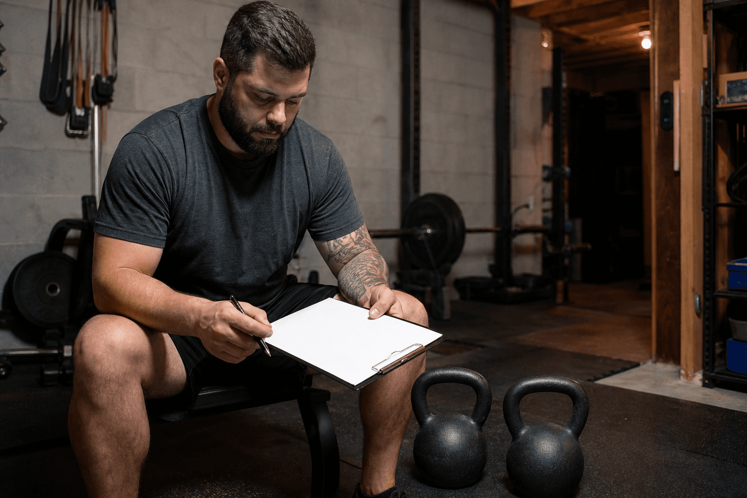 Adult reviewing a blank clipboard beside kettlebells in a basement training space