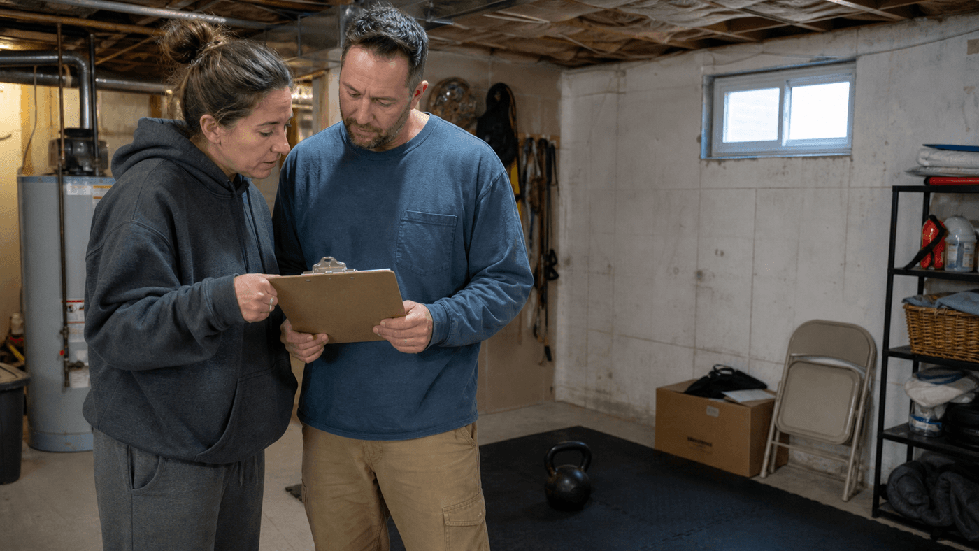 Adults reviewing a blank clipboard beside a kettlebell in an unfinished basement training corner