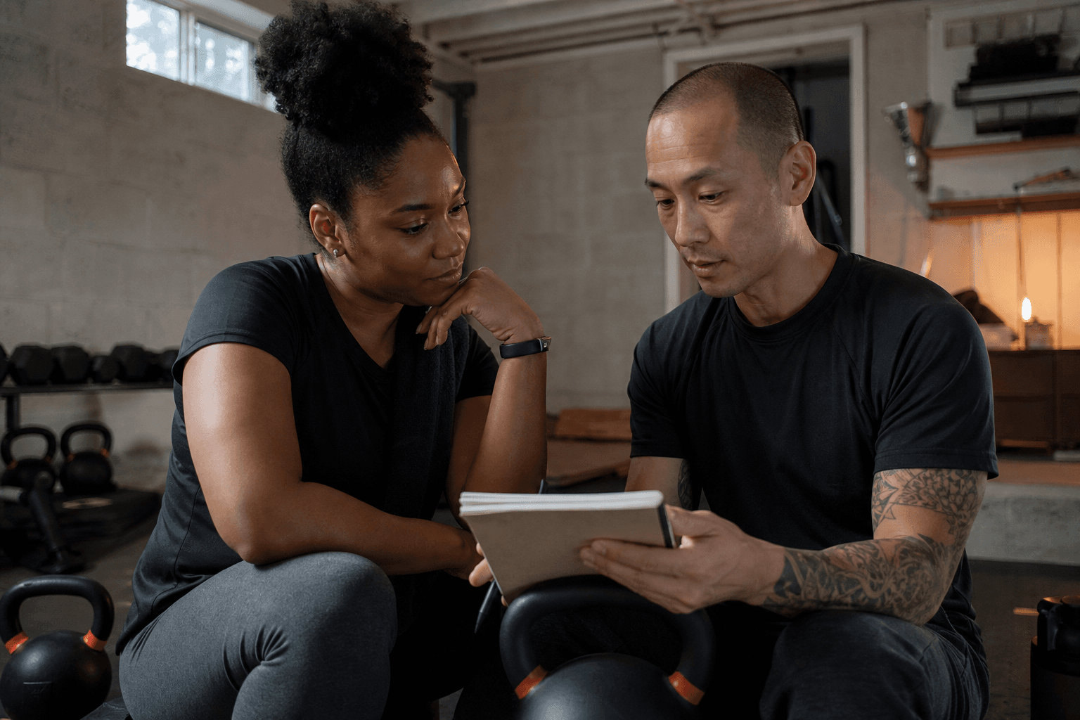 Adults reviewing training notes beside kettlebells