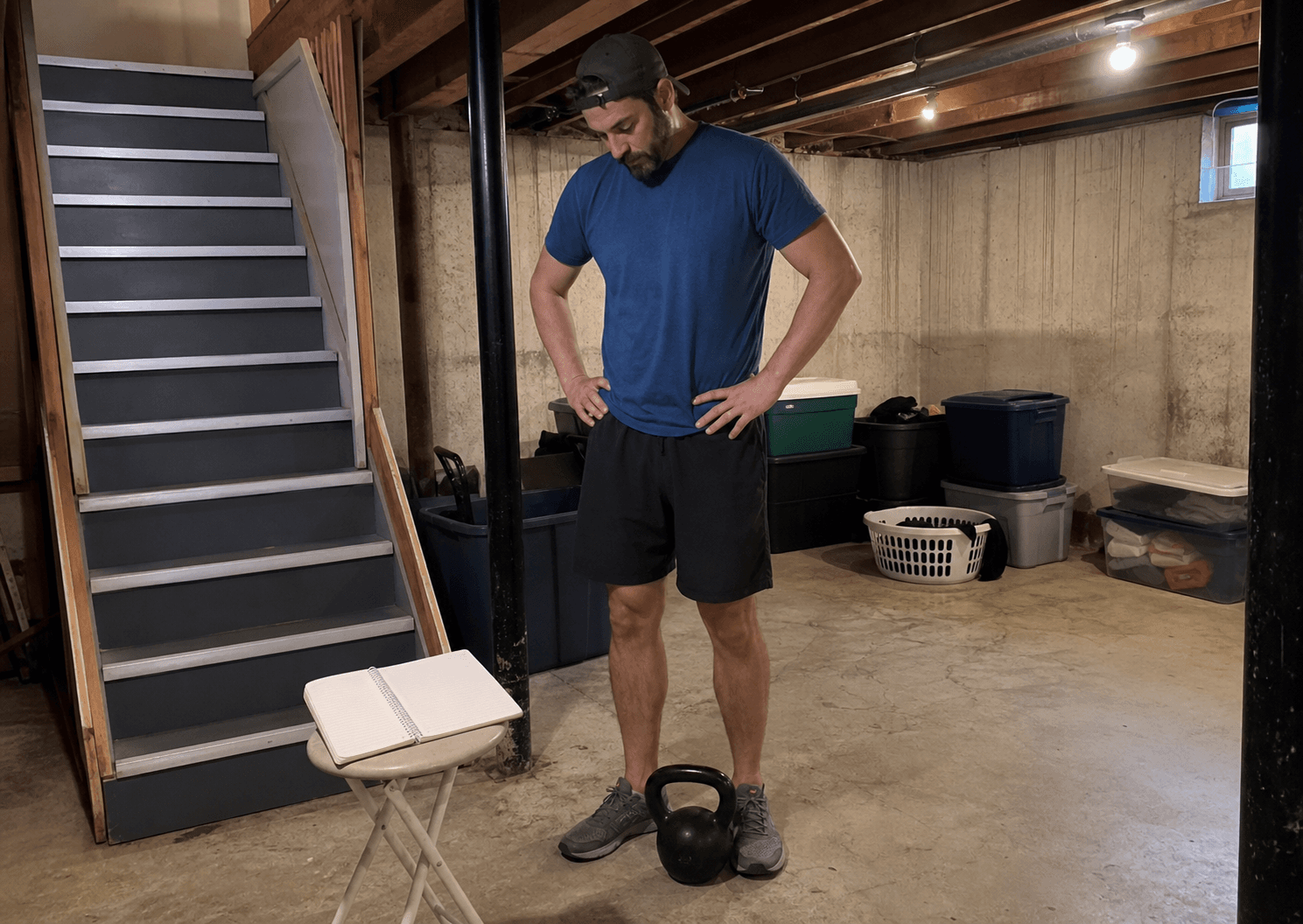 Adult reviewing a blank notebook beside a kettlebell on an unfinished basement stair landing