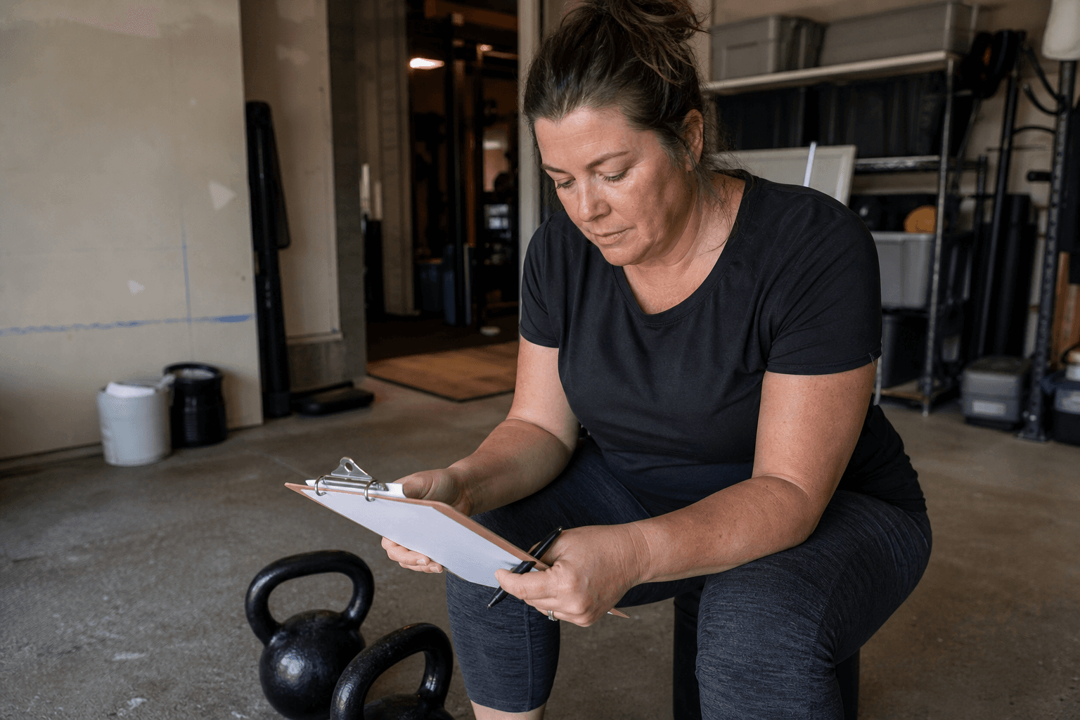 Adult reviewing a blank clipboard beside kettlebells in a garage training space