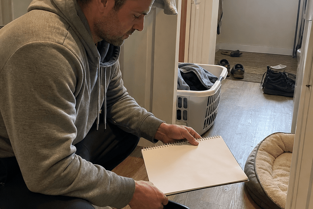 Adult reviewing a blank training notebook beside a kettlebell in a lived-in laundry hallway