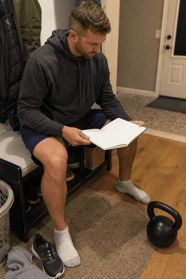 Adult reviewing a blank notebook beside a kettlebell in a lived-in mudroom entryway