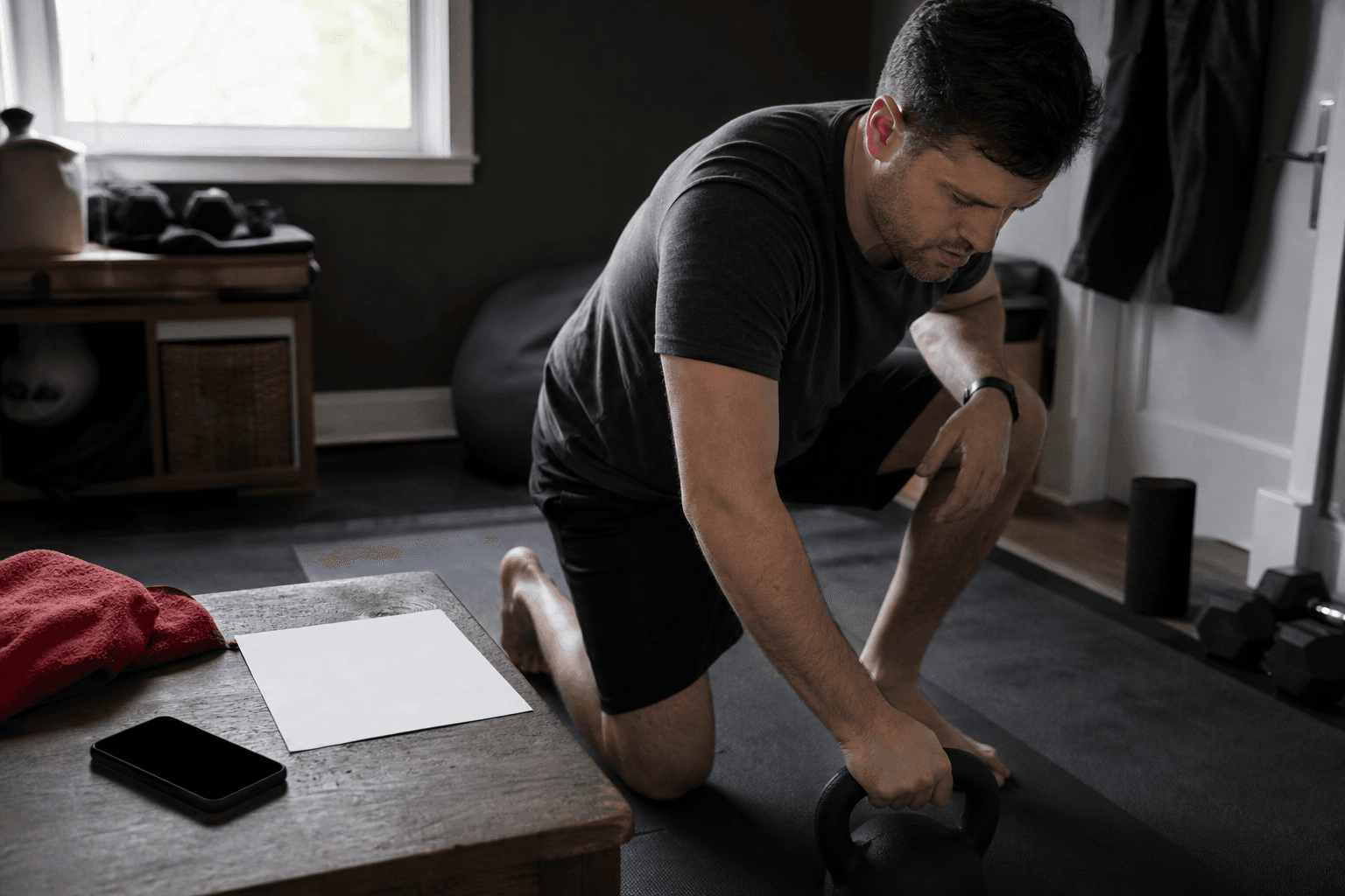 Adult preparing a kettlebell session beside blank check-in paper in a spare-room home setup