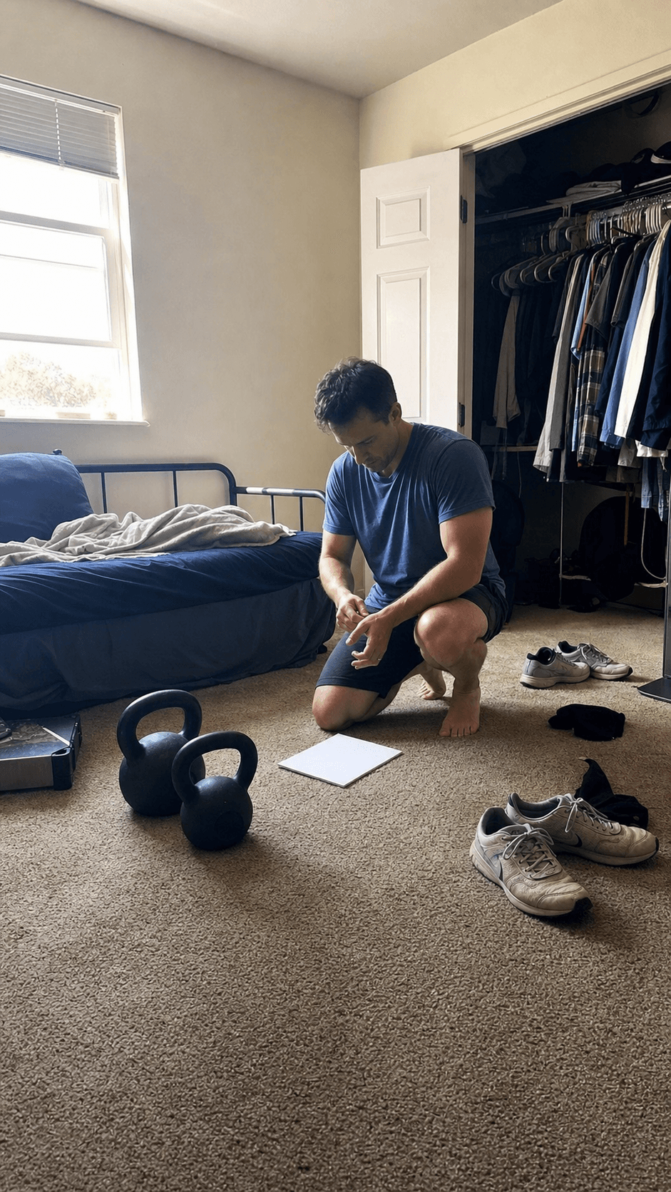Adult preparing a kettlebell session beside a blank checklist in a spare room