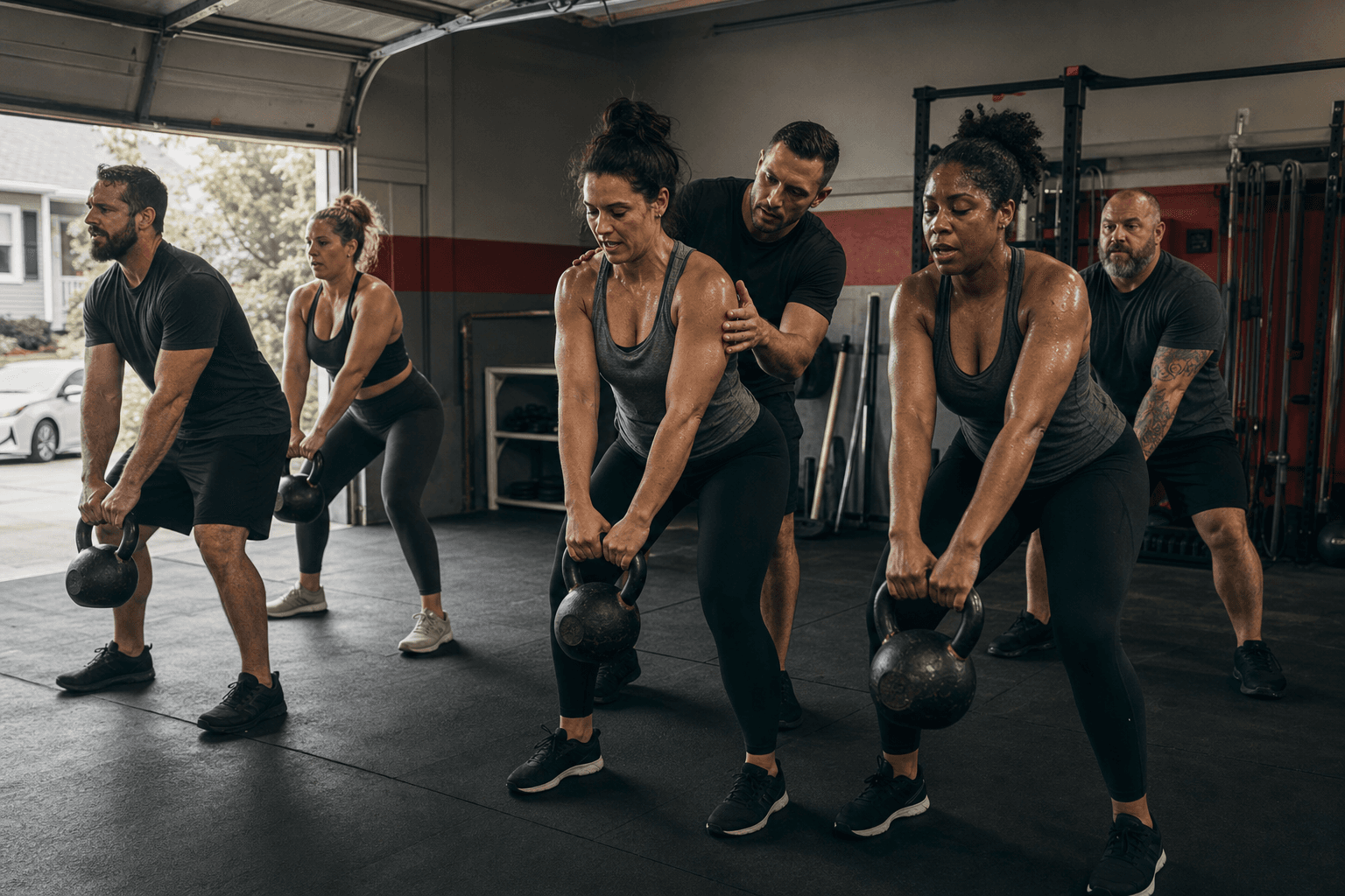 Hareline fitness coaching group training in a garage-style home setup