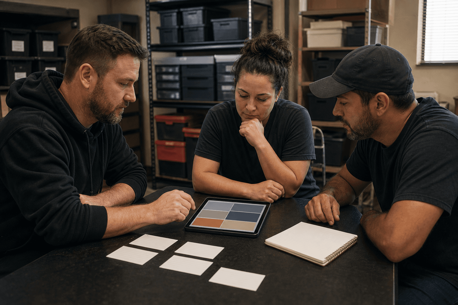 Small business team reviewing blank workflow cards in a back office