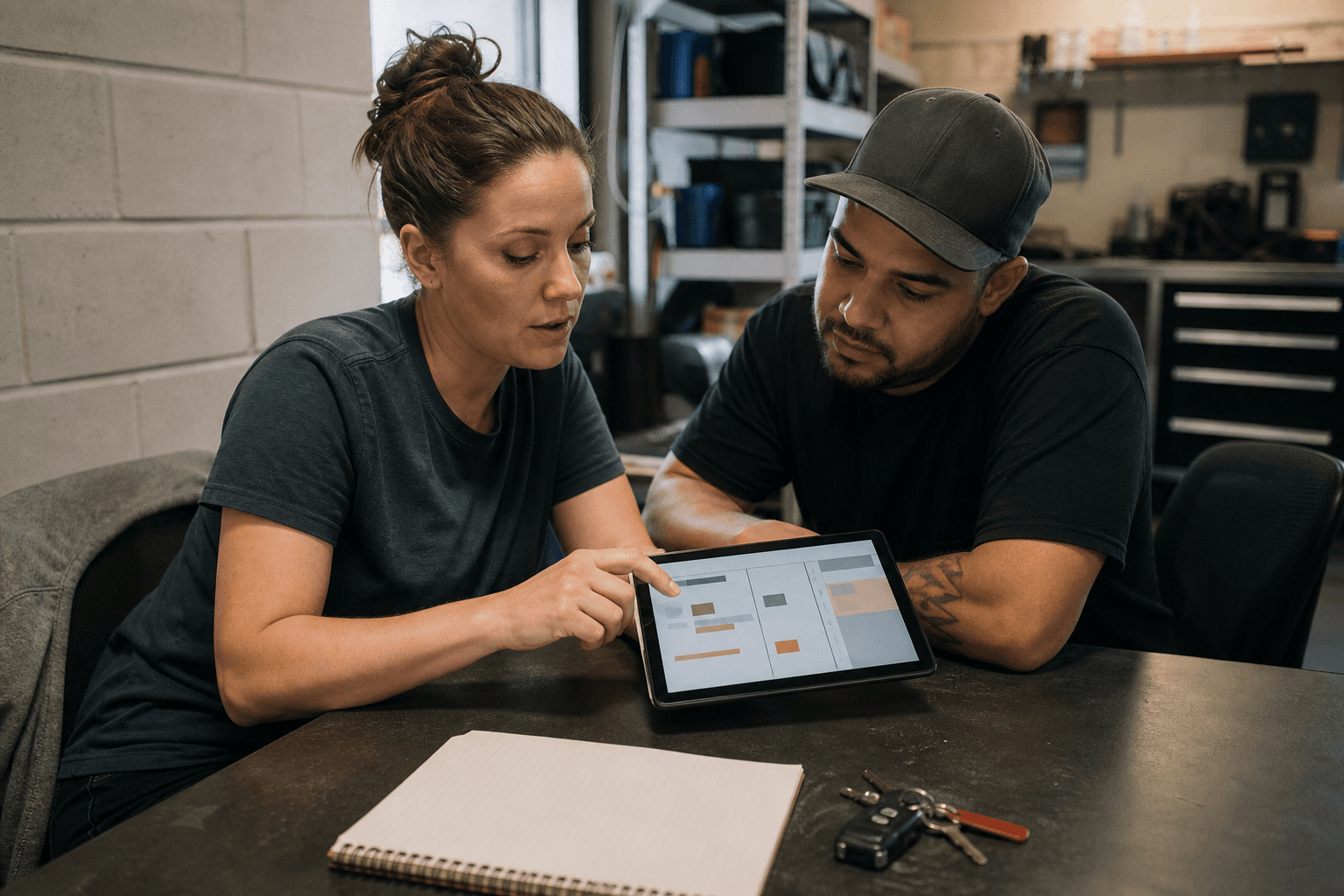 Contractor business operators reviewing dispatch workflow on a tablet