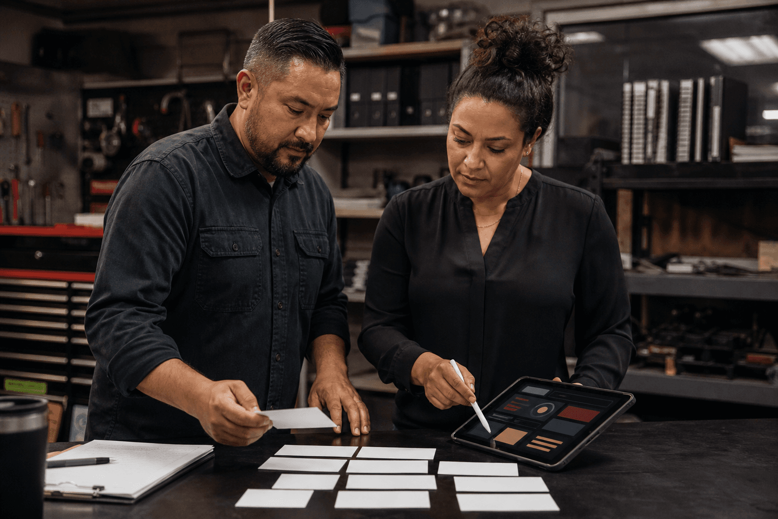 Field service operators reviewing blank workflow cards and an abstract dashboard