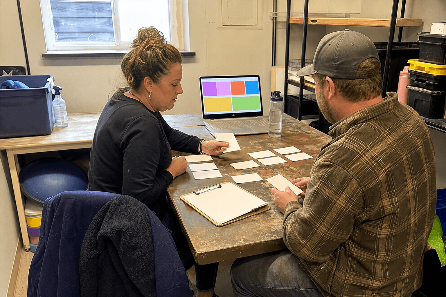 Field service operators reviewing blank workflow cards with training gear nearby