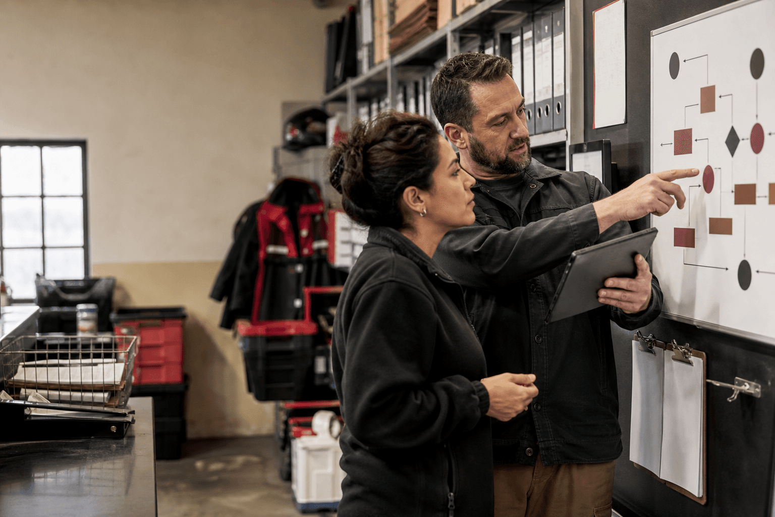 Field service operators reviewing workflow steps in a back office