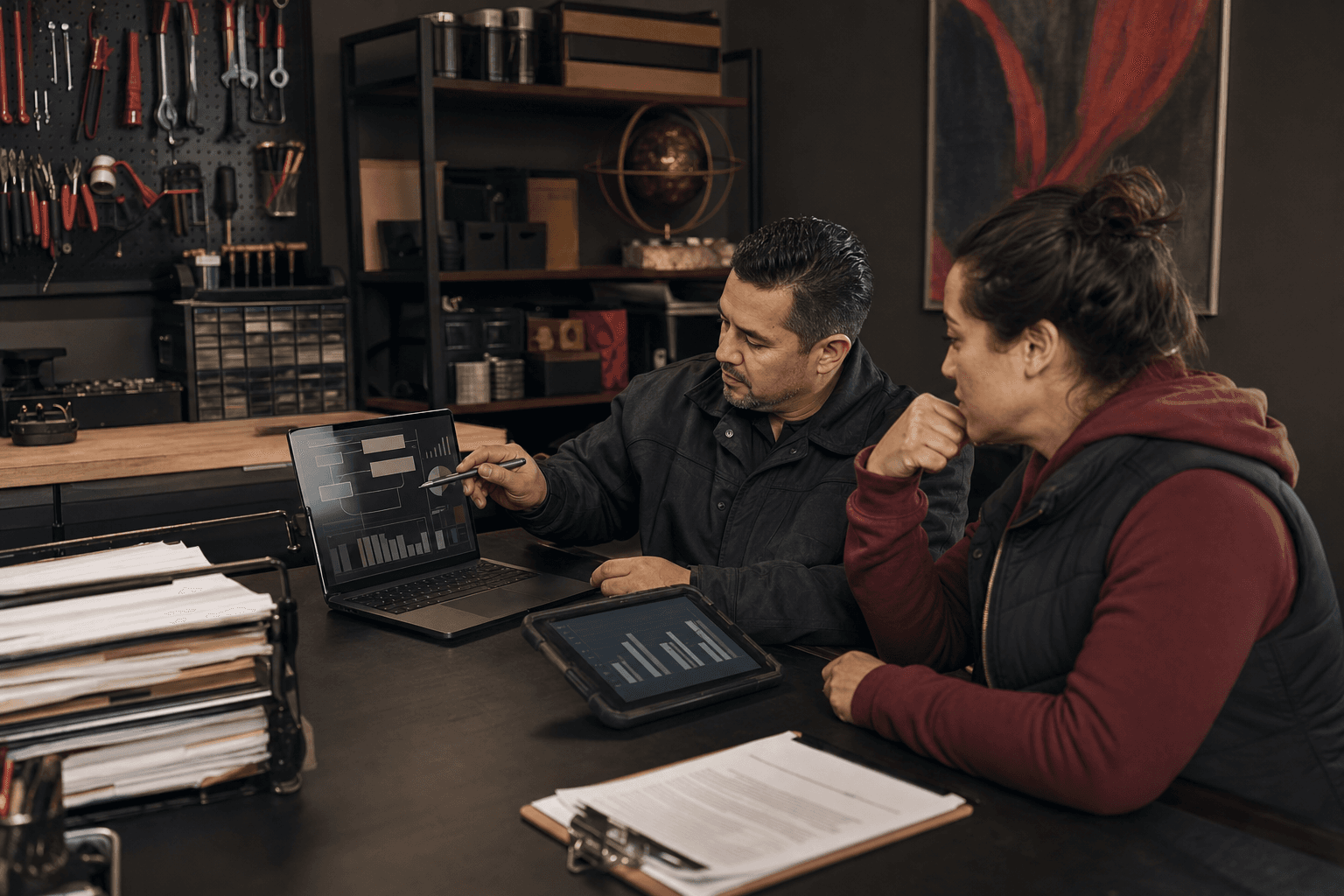 Small business operators reviewing workflow handoffs in a back office