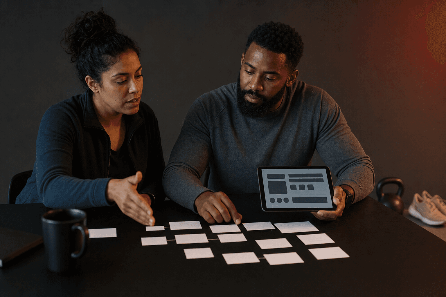 Operators reviewing blank workflow cards with training gear nearby