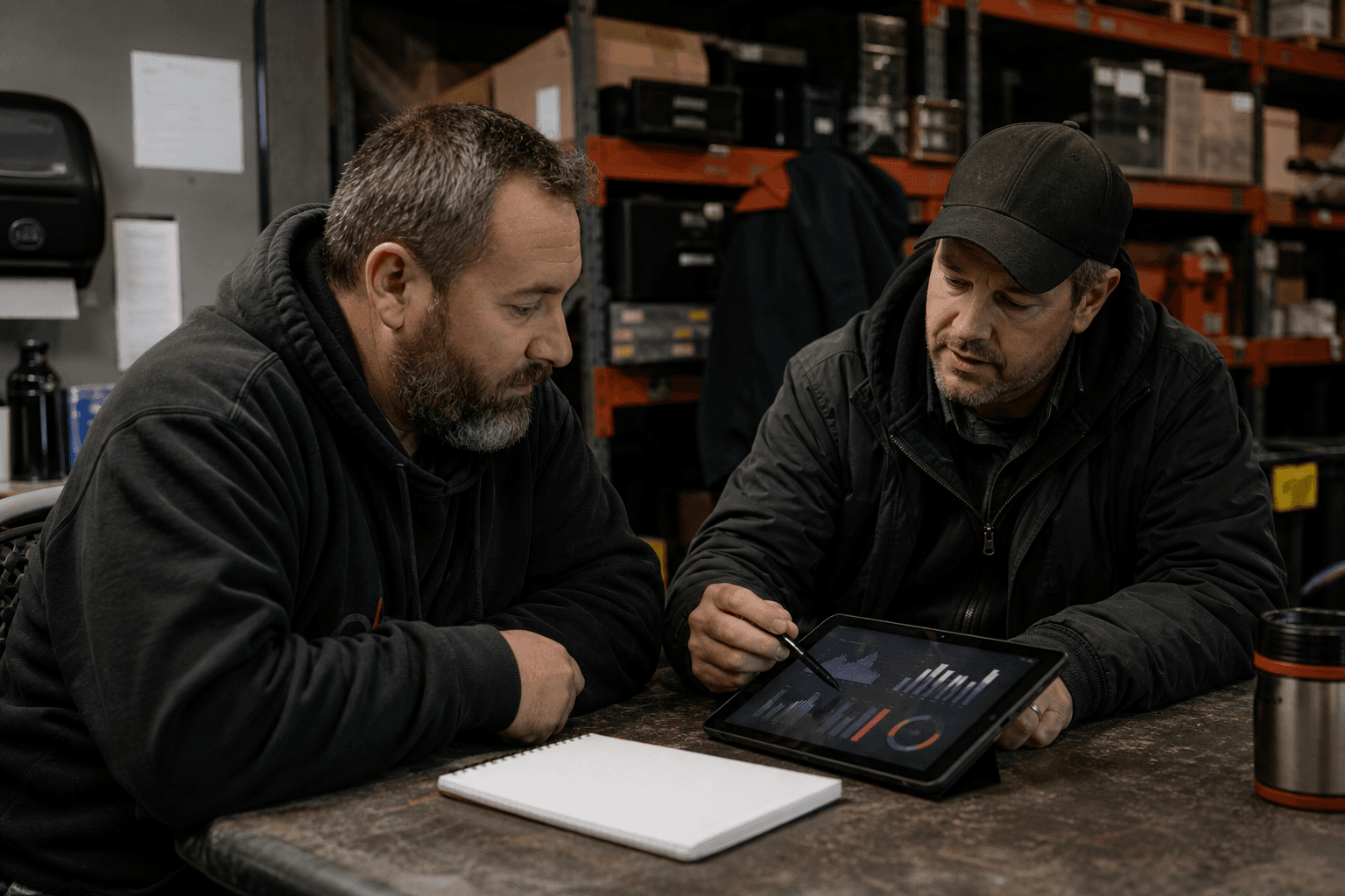 Warehouse operators reviewing handoff dashboards at a work table