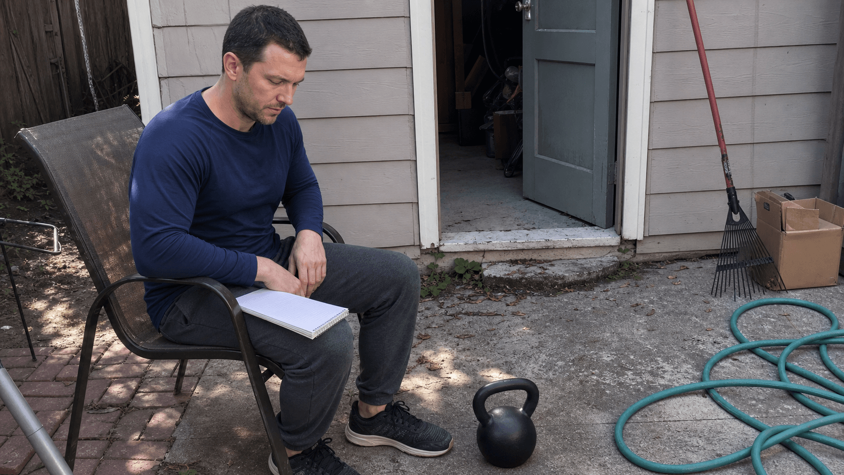 Adult reviewing a blank notebook beside a kettlebell near a backyard shed and patio