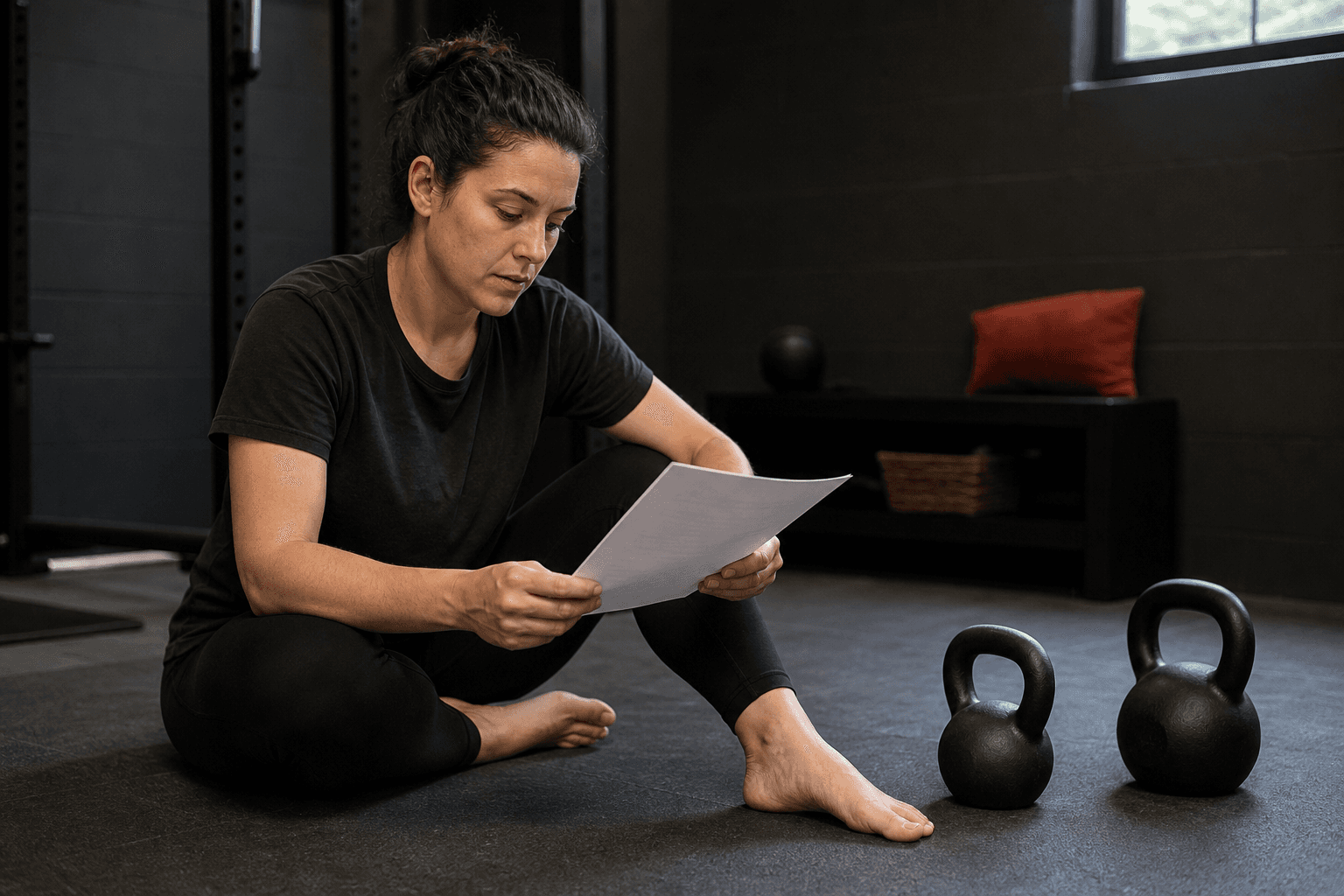 Adult reviewing a blank checklist beside kettlebells in a basement training space