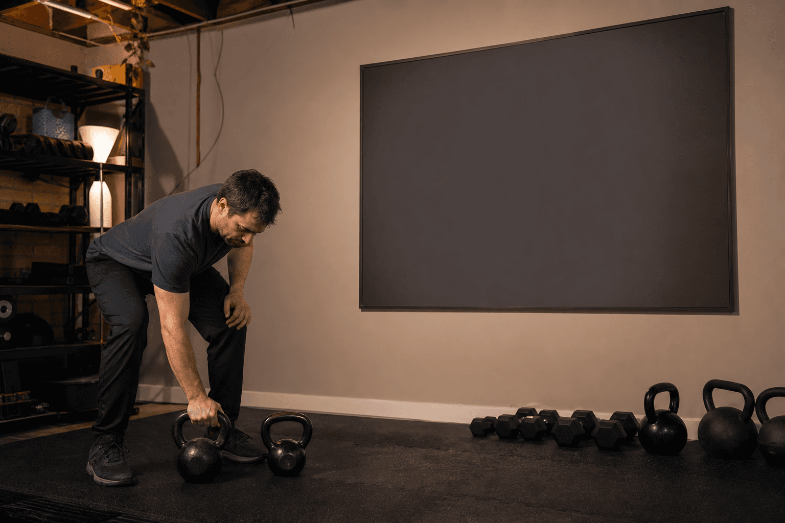 Adult preparing kettlebells in a basement home training space