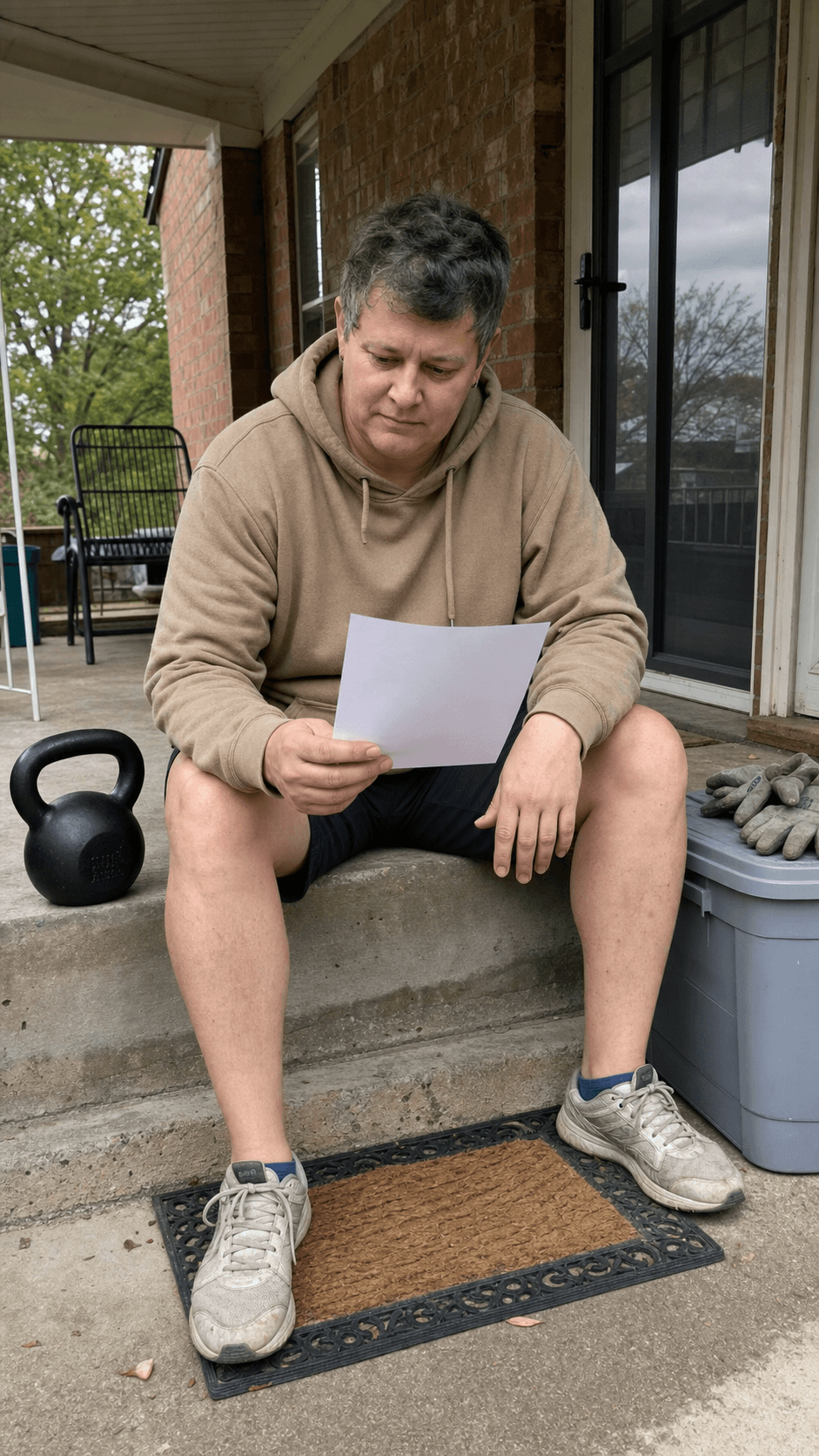 Adult reviewing a blank training paper beside a kettlebell on a covered porch step