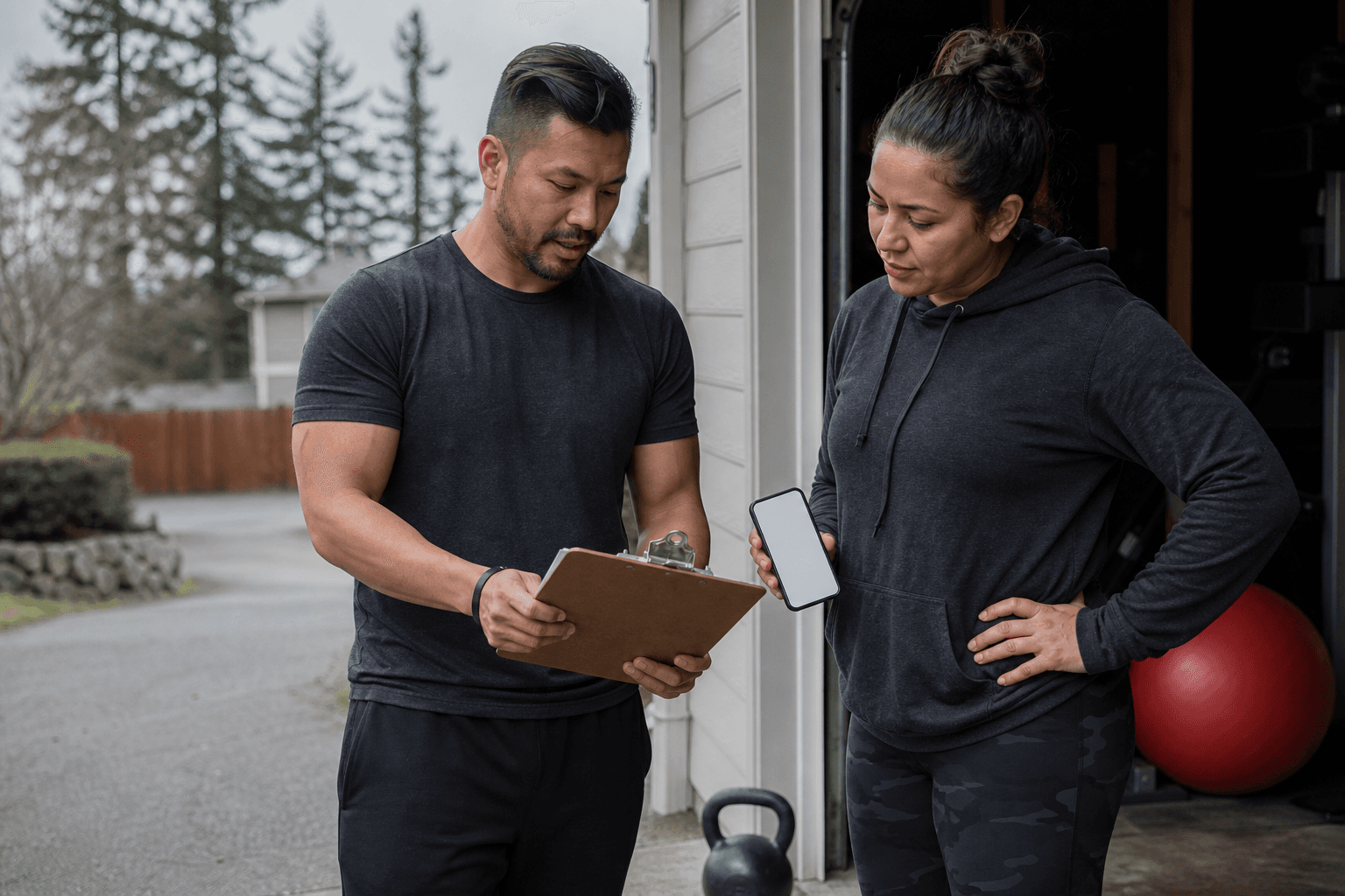 Adults reviewing a driveway training check-in with a blank phone screen