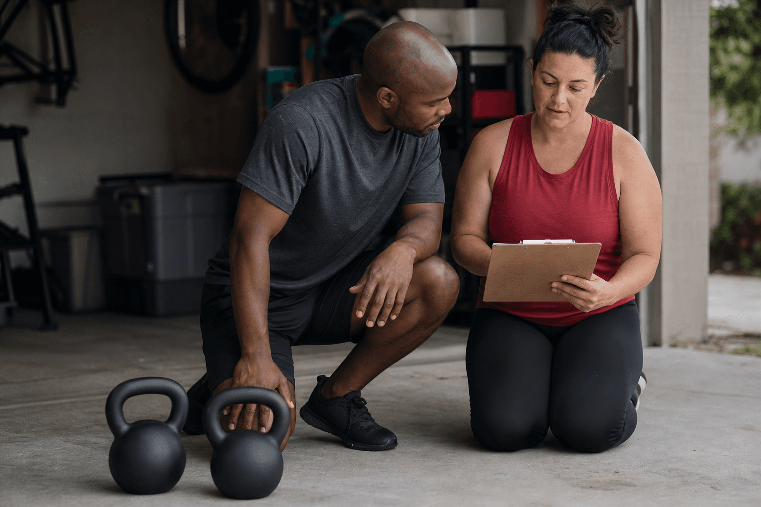 Adults reviewing a blank clipboard after a garage kettlebell session