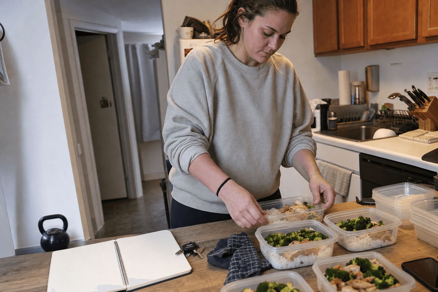 Adult packing simple meals beside a blank notebook in a small apartment kitchen