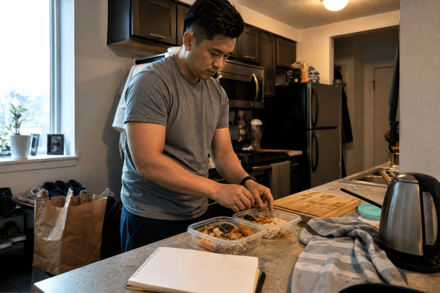 Adult preparing simple meals beside a blank notebook on a lived-in apartment kitchen counter after work