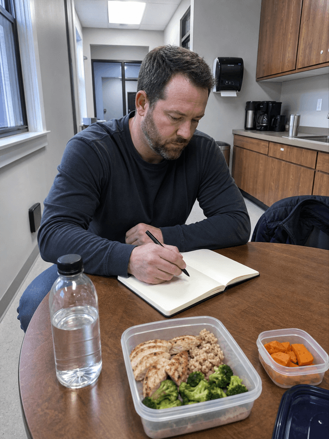 Worker reviewing a blank notebook beside simple meal prep in a practical breakroom