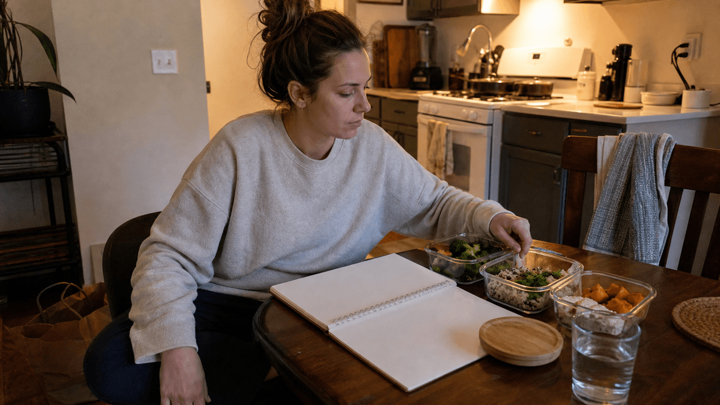 Adult reviewing a blank notebook beside simple meal prep at a lived-in apartment dining table