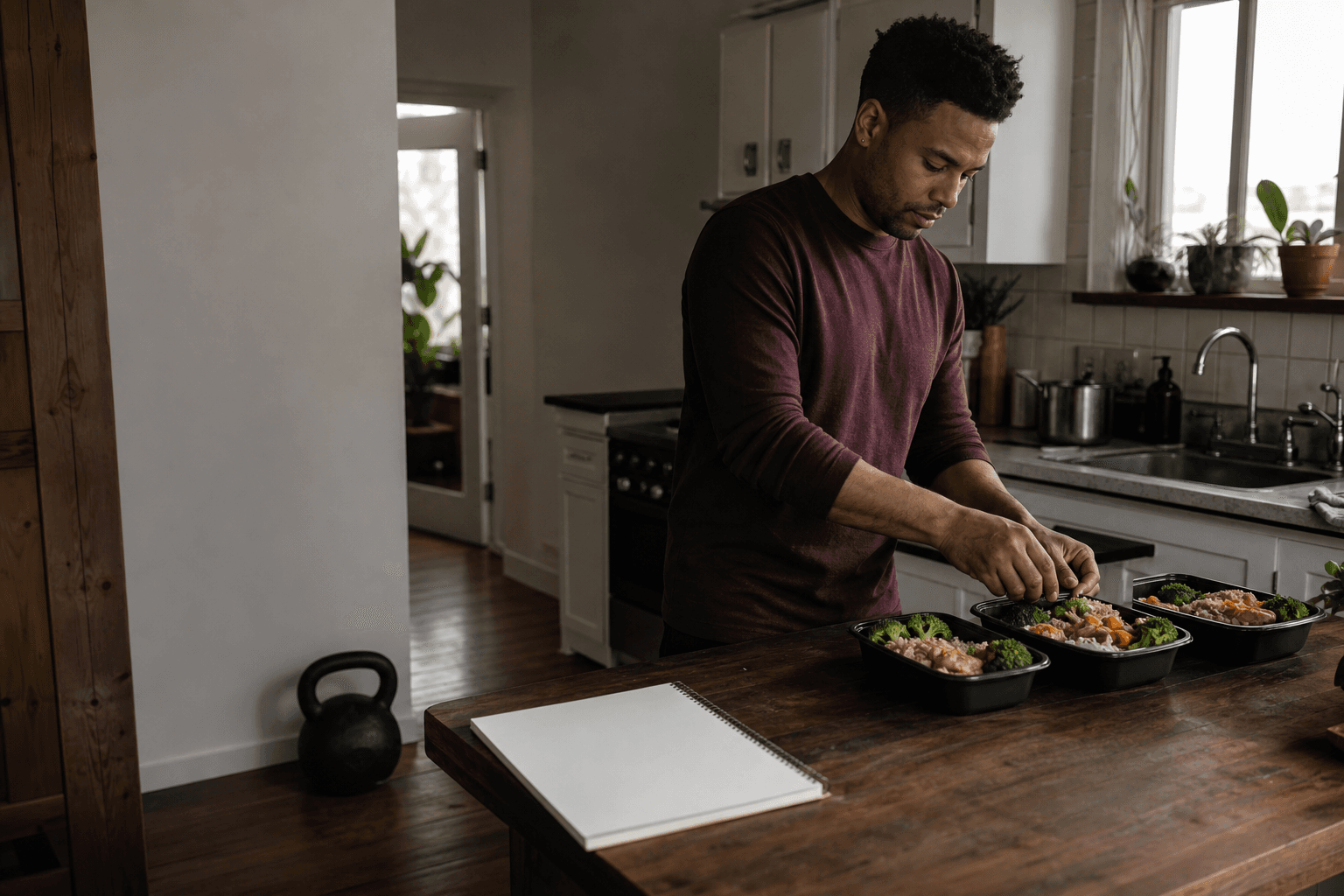 Adult preparing simple meals beside a blank notebook in a home kitchen